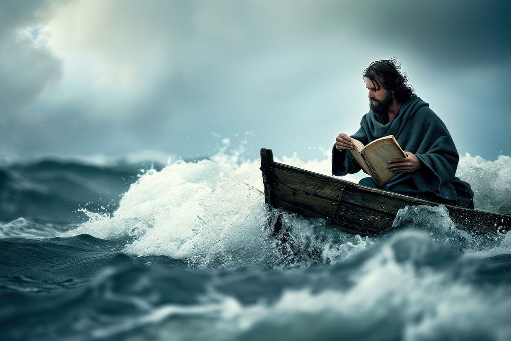 Man sailing on the Holy Bible sea outdoors sitting.