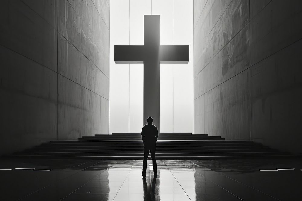 Man praying in front of a cross silhouette symbol spirituality.