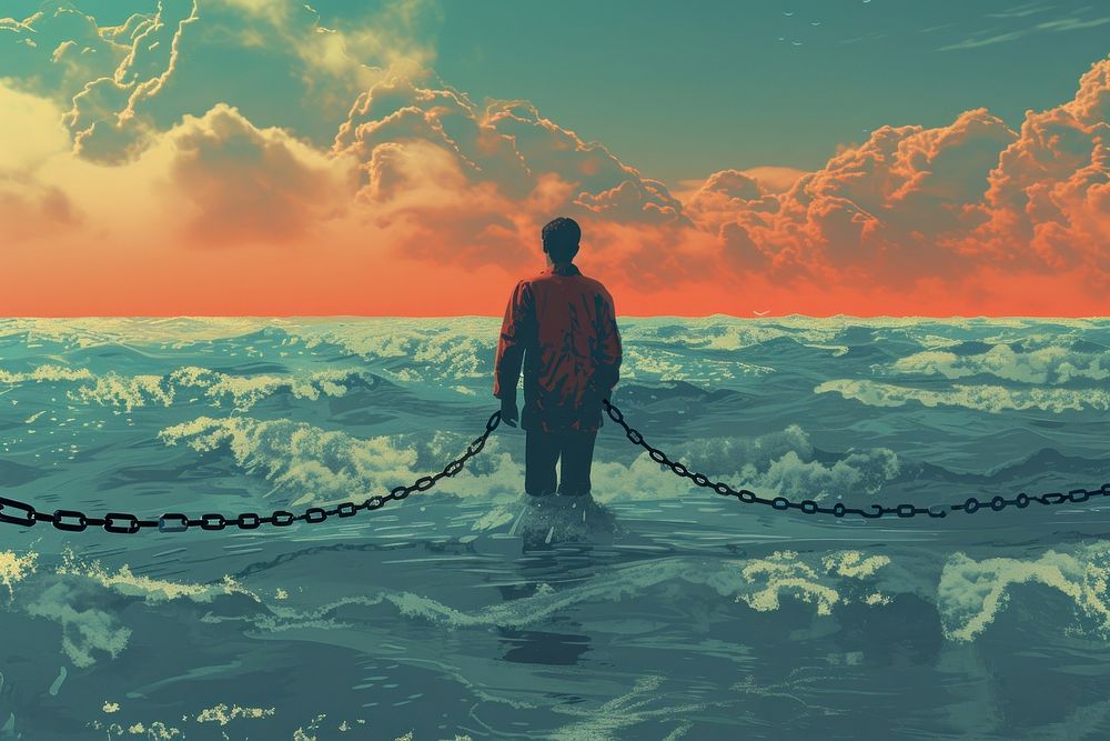 Man with chains and parted sea outdoors horizon nature.