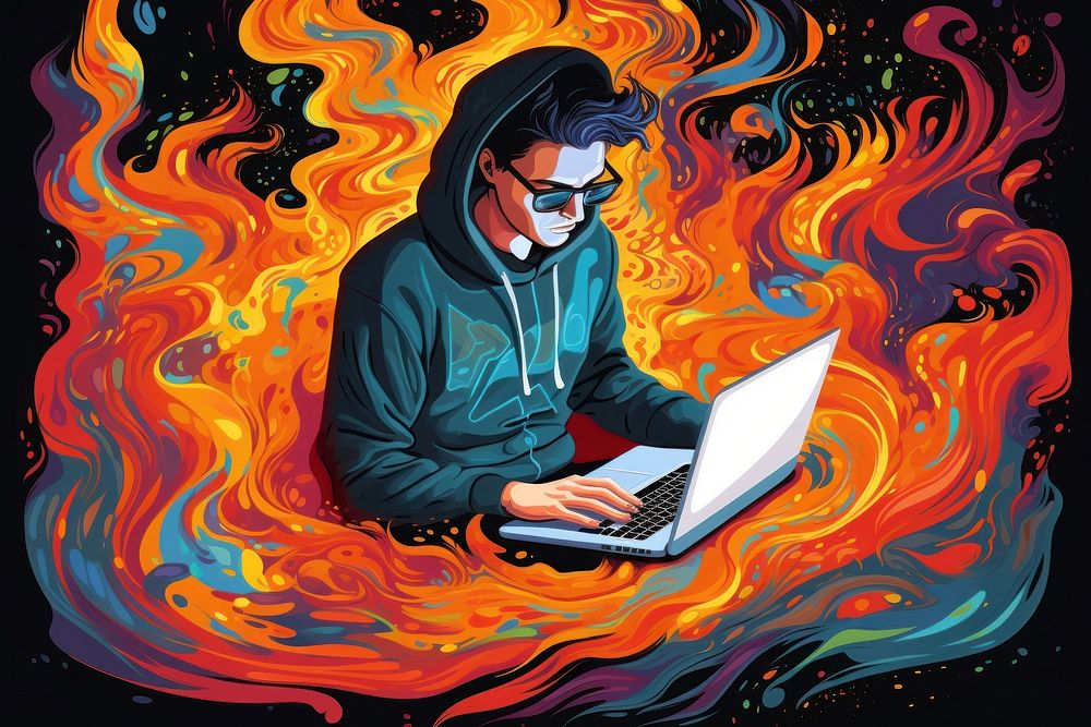 Man use laptop in the style of graphic novel painting art computer.