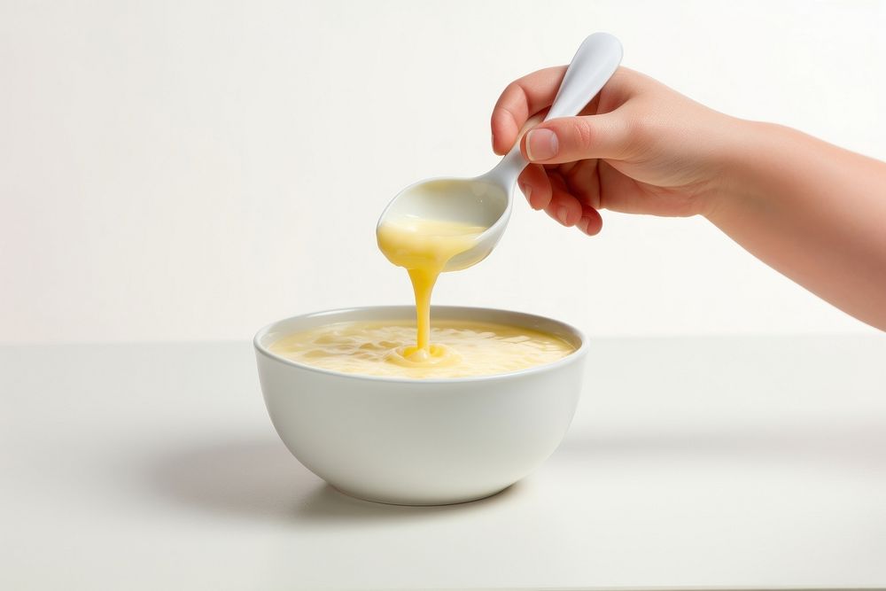 Mother hand hold spoon food bowl milk.