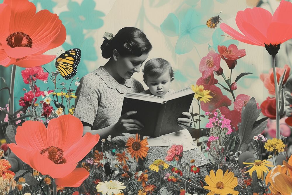 Mother and child reading book flower publication outdoors.