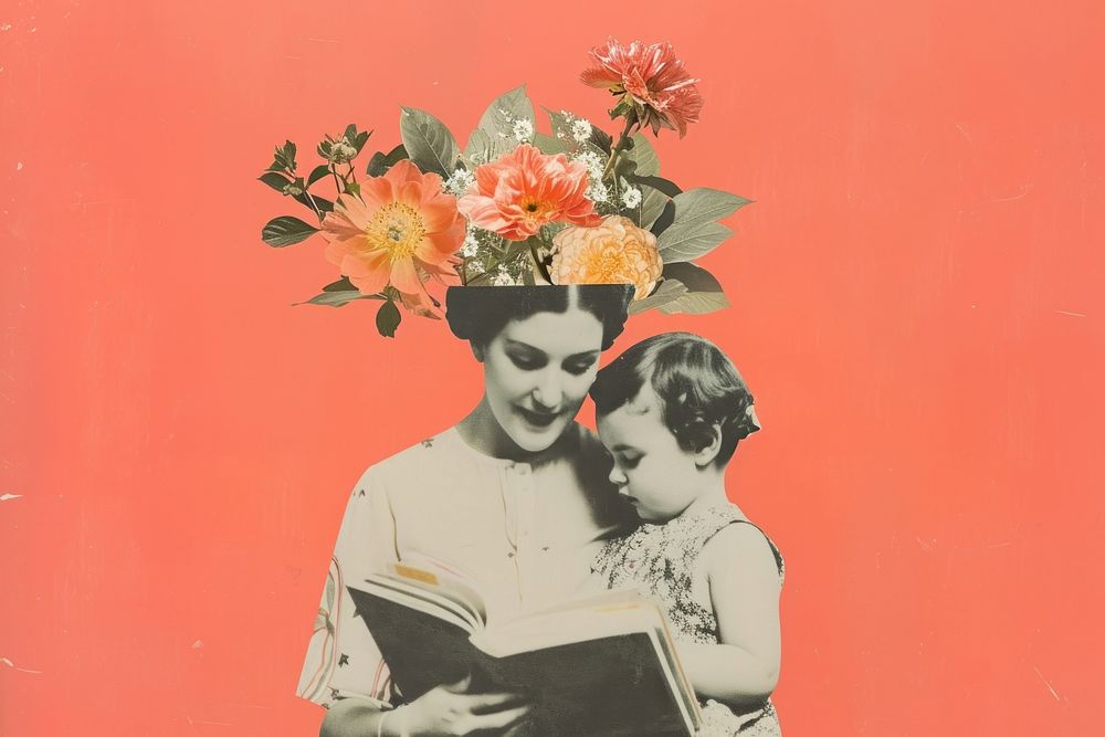 Mother and child reading book flower portrait plant.