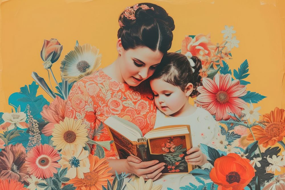 Mother and child reading book flower portrait adult.