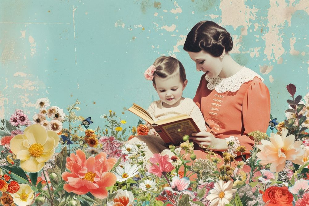 Mother and child reading book flower painting outdoors.