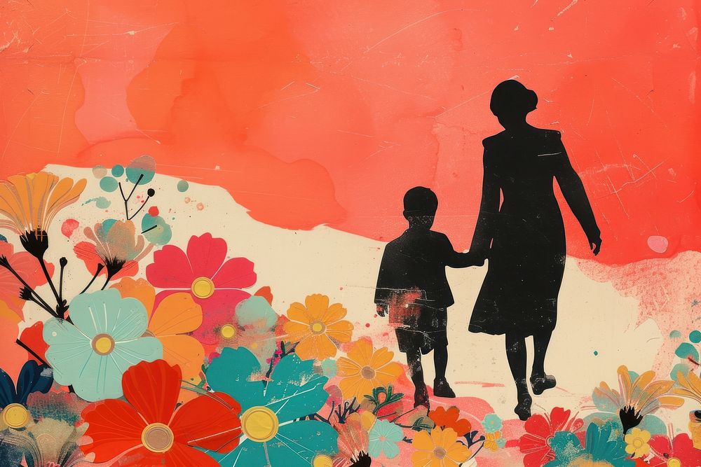 Mother and son walking flower silhouette painting.