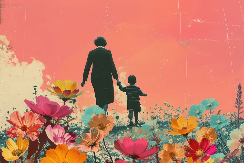 Mother and son walking flower painting outdoors.