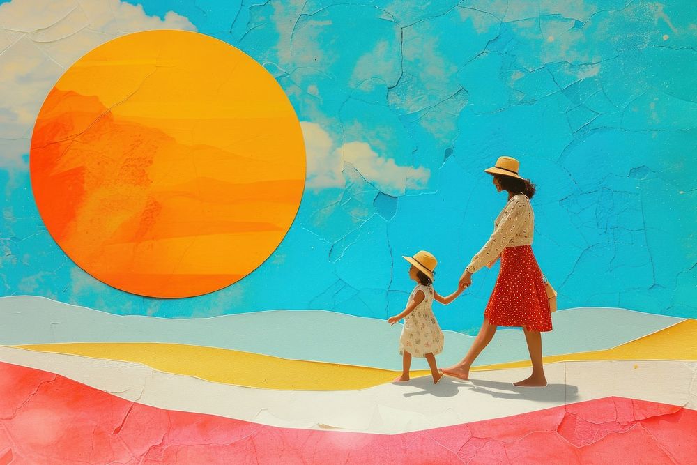 Collage Retro dreamy mother and child walking painting summer art.