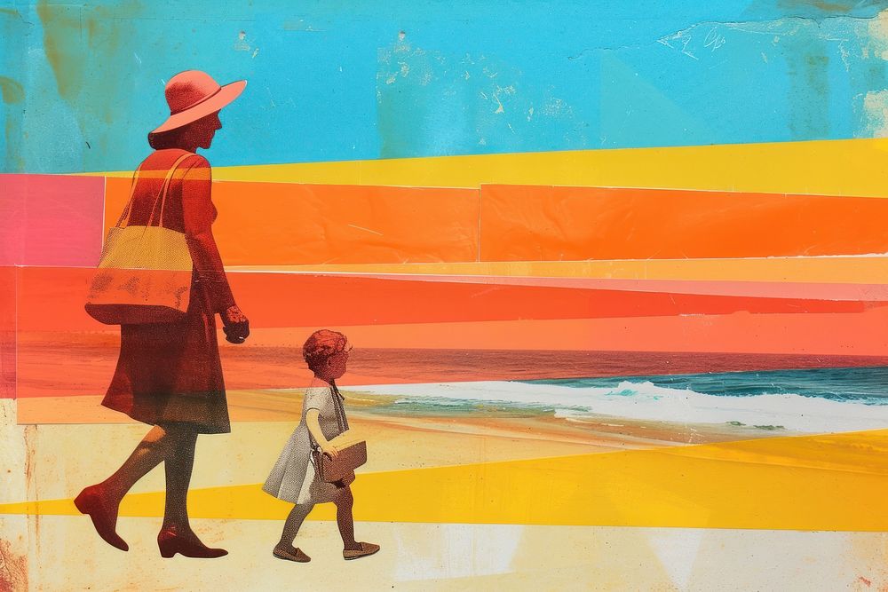 Collage Retro dreamy mother and child walking painting art togetherness.