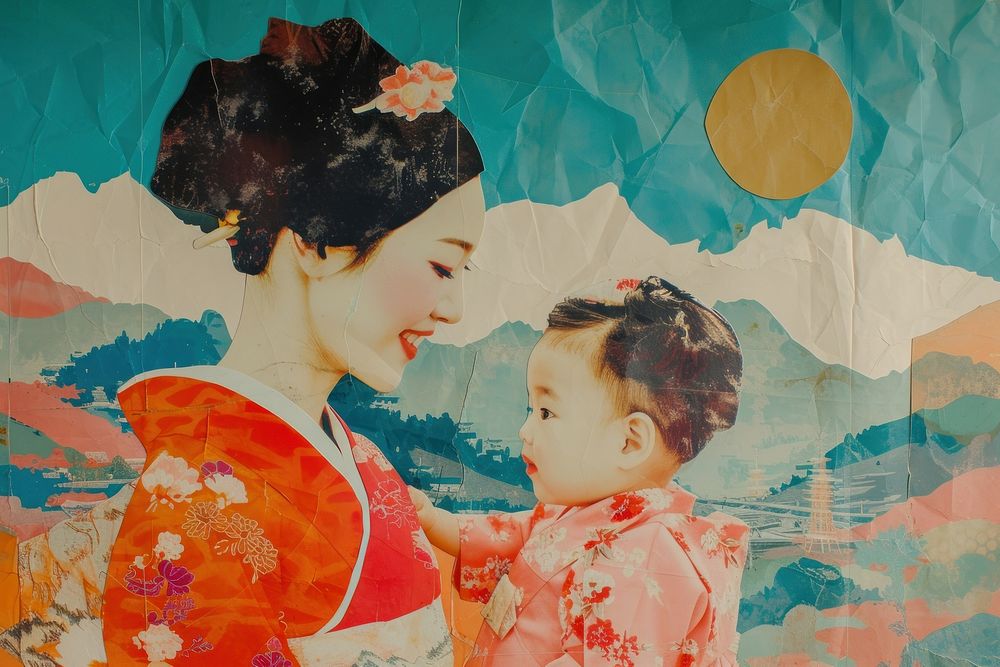 Asian mother and child painting portrait art.