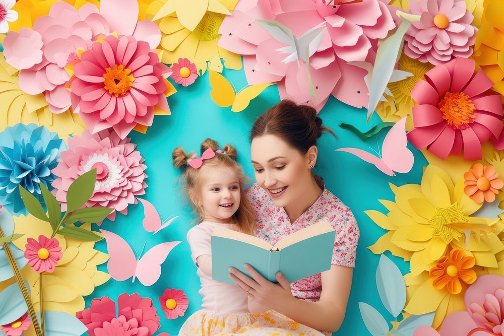 Happy mother and child reading book portrait flower plant.