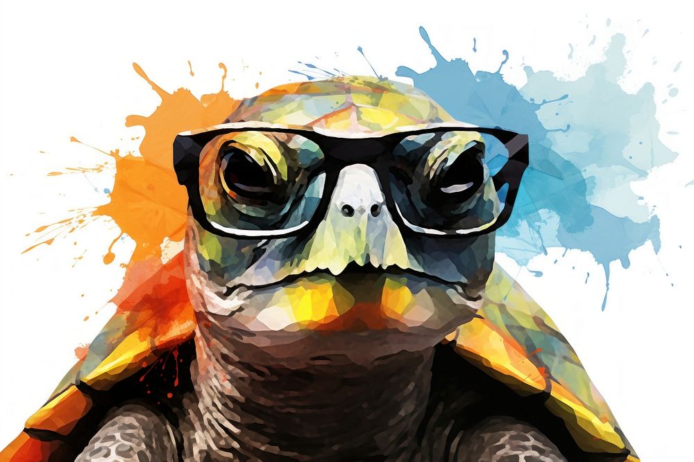 Abstract turtle wear sunglasses ripped paper collage art reptile animal.
