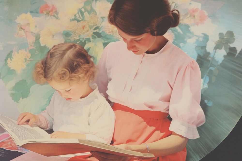 Mother and child reading book publication adult togetherness.