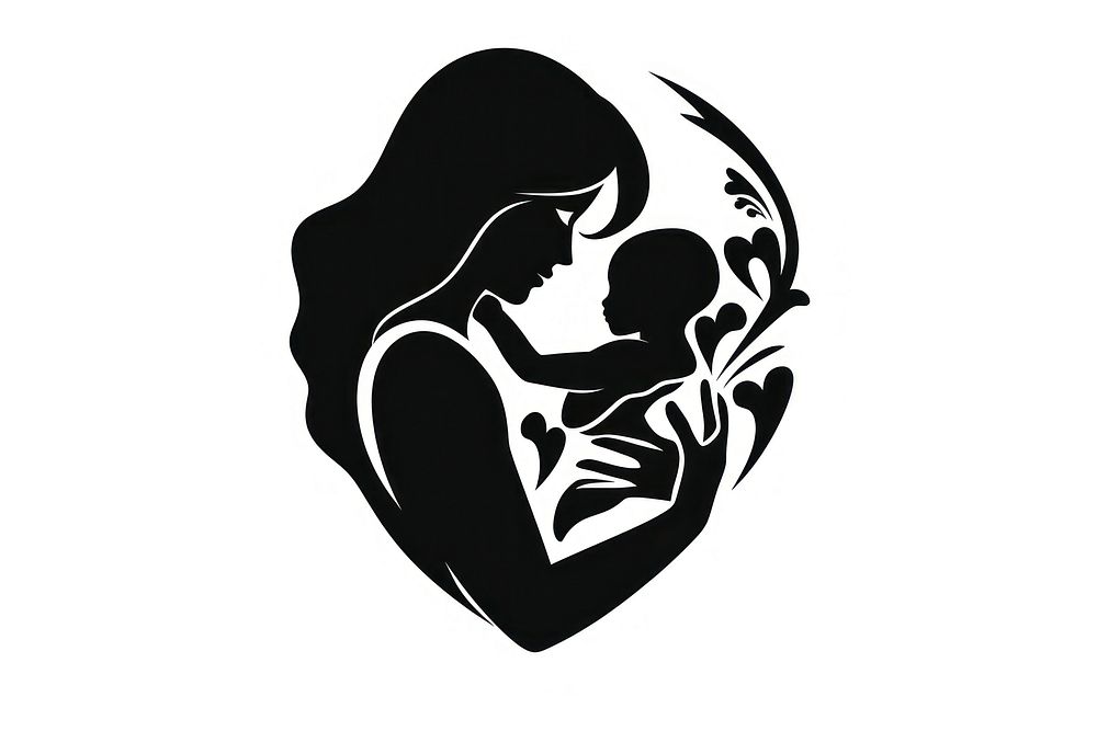 Mother hugging child stencil shape logo.