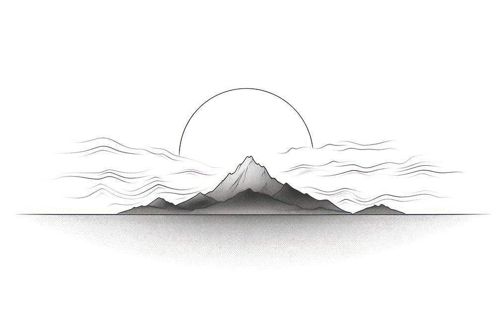 Mountain and sunset sketch drawing line.