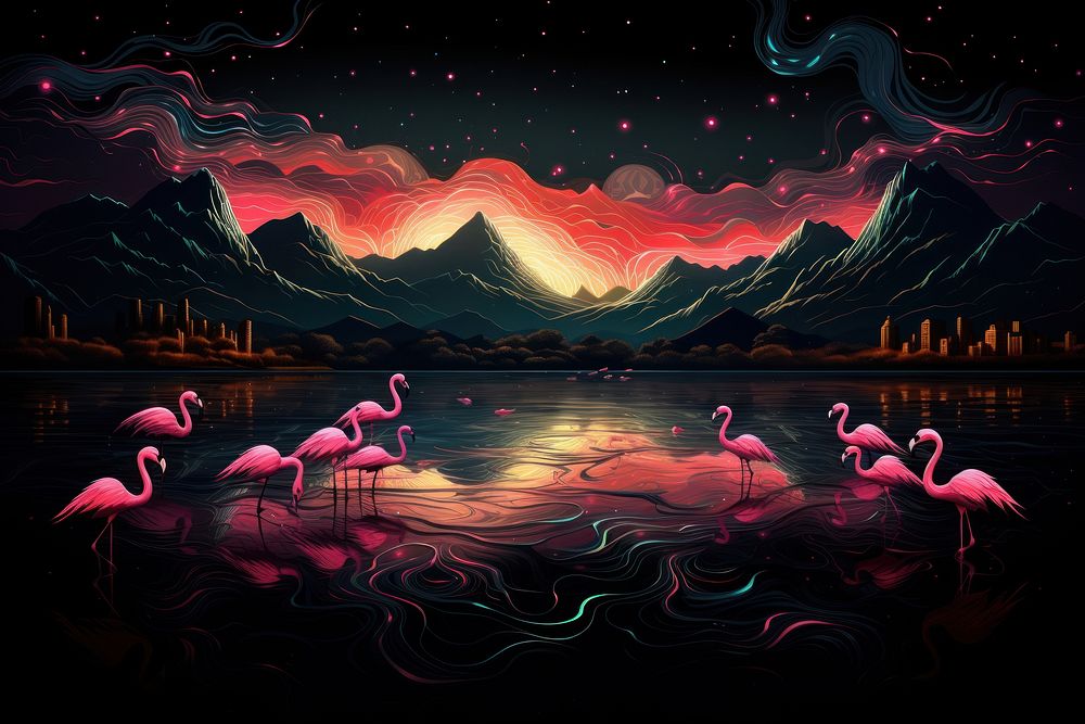 Flamingos mountain outdoors flock.