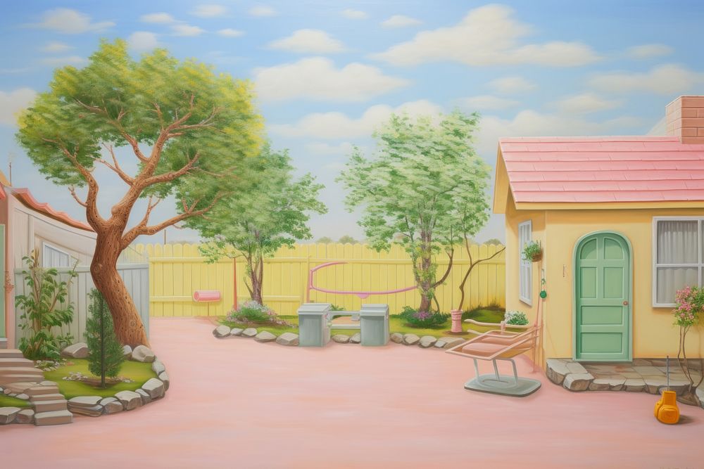 Painting of backyard architecture building outdoors.