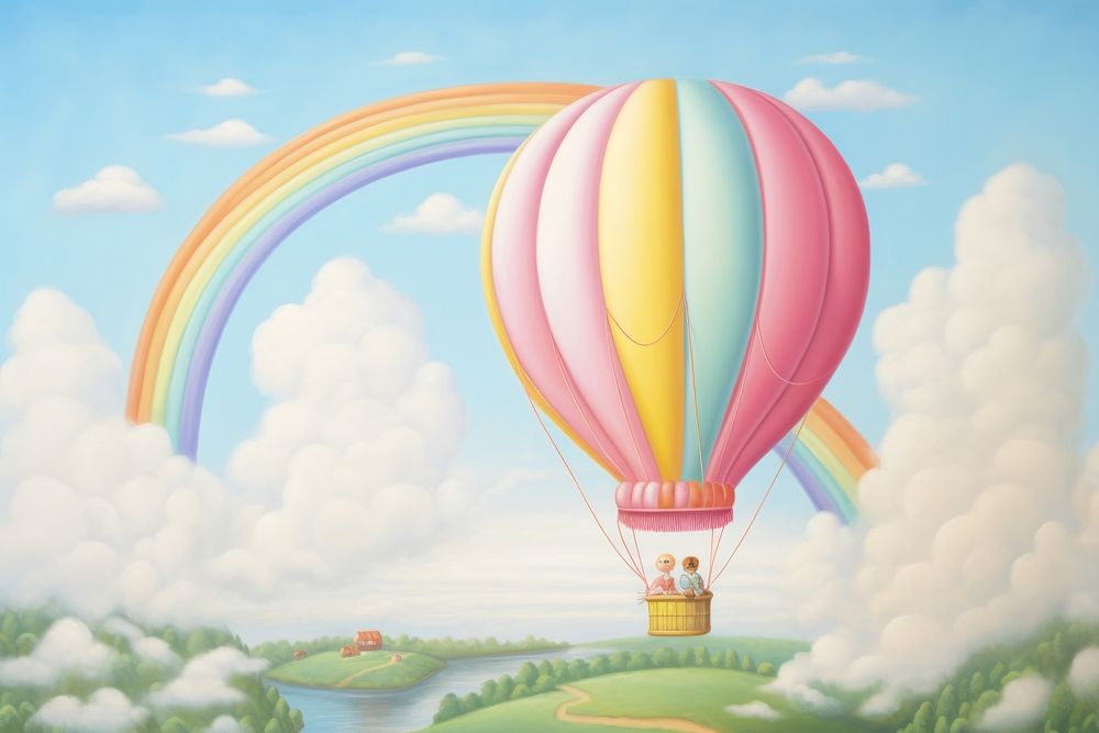 Painting of big balloon in sky backgrounds aircraft rainbow.