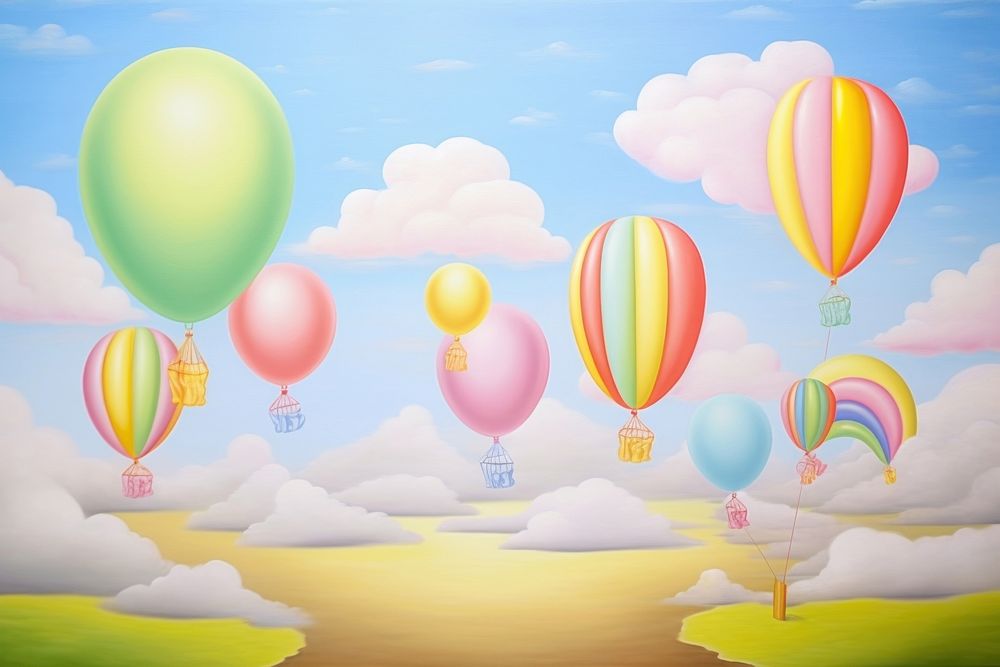 Painting of big balloons on sky backgrounds aircraft transportation.