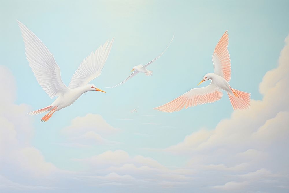 Painting of birds flying on sky animal waterfowl wildlife.