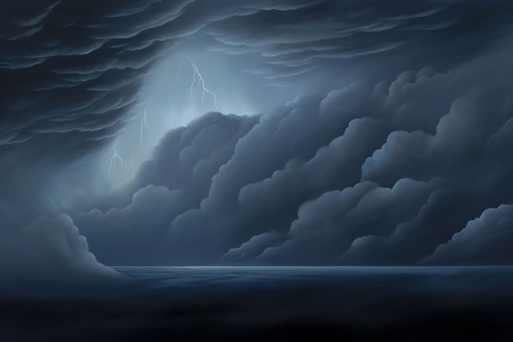 Painting of dark rainy sky thunderstorm lightning nature.