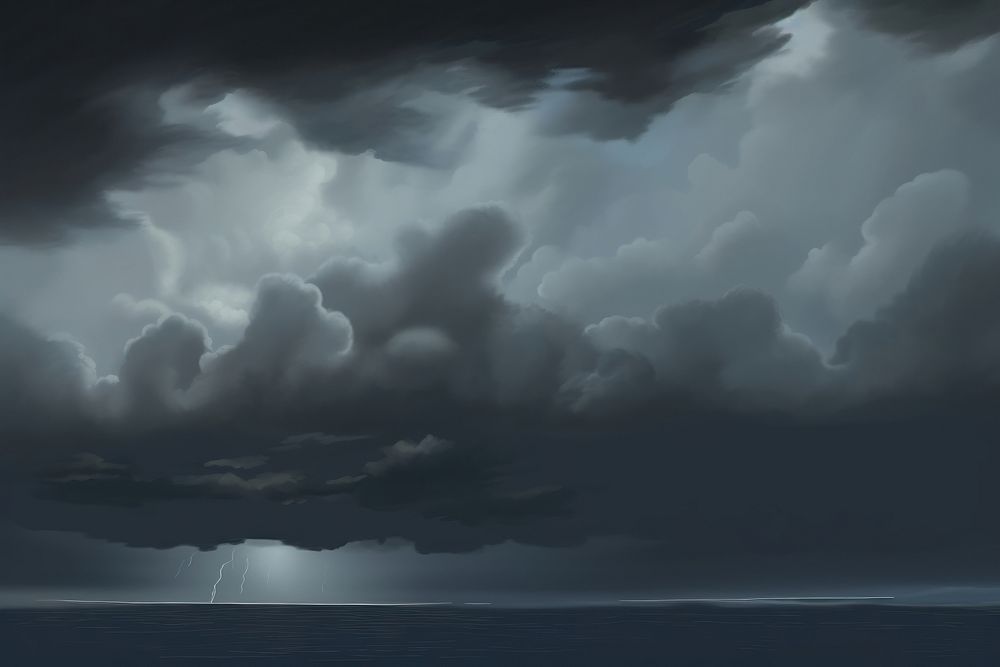 Painting of dark rainy sky thunderstorm lightning outdoors.