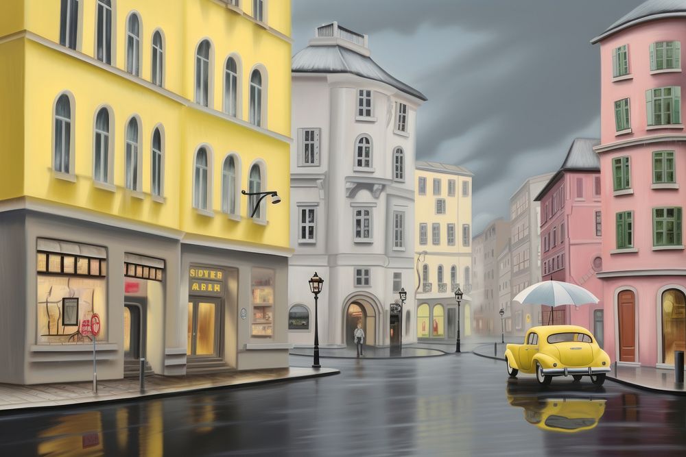 Painting of rainy in town architecture building vehicle.