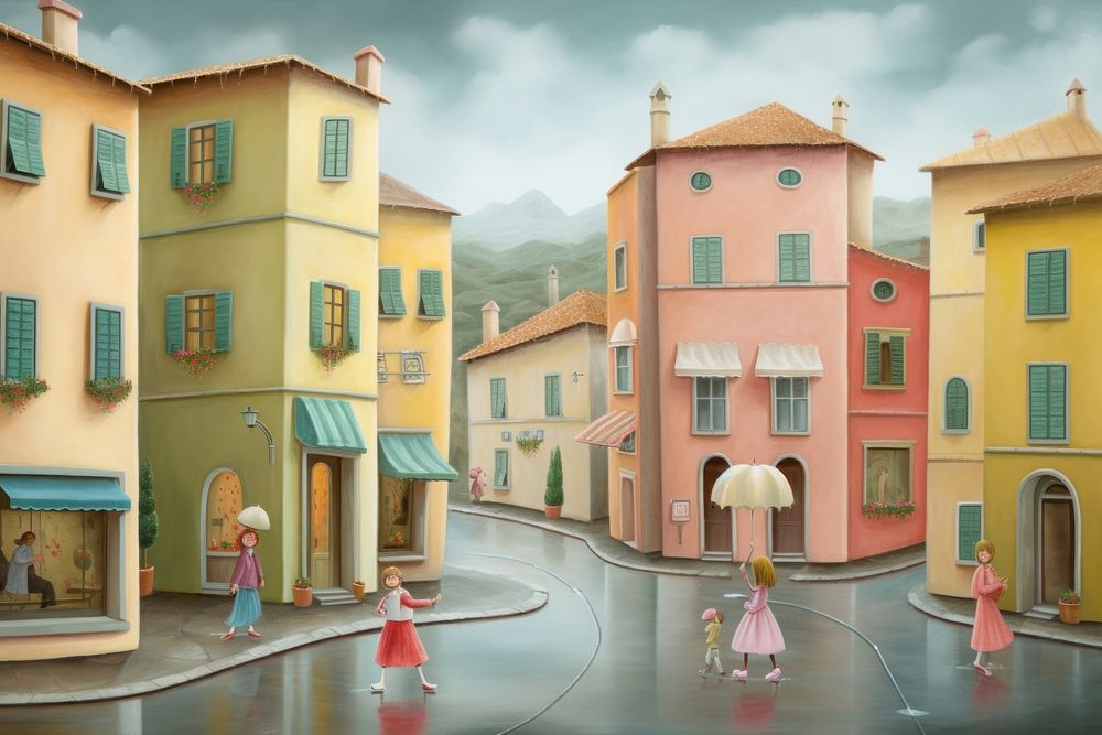 Painting of rainy in town outdoors street city.