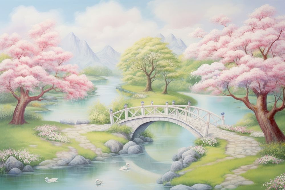Painting of romantic spring landscape outdoors nature.