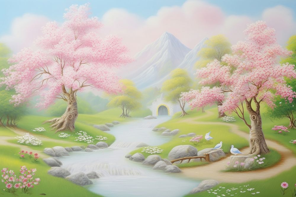 Painting of romantic spring outdoors nature flower.