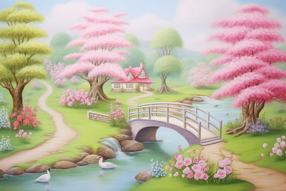 Painting of romantic spring landscape outdoors nature.