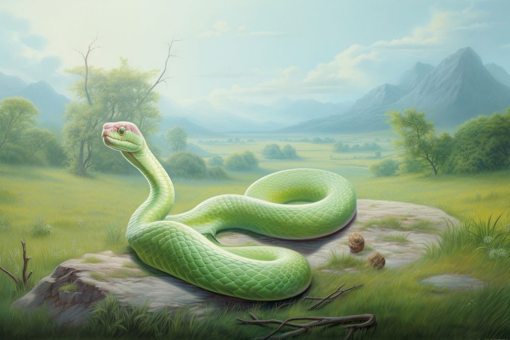 Painting of snake on grass reptile animal green.