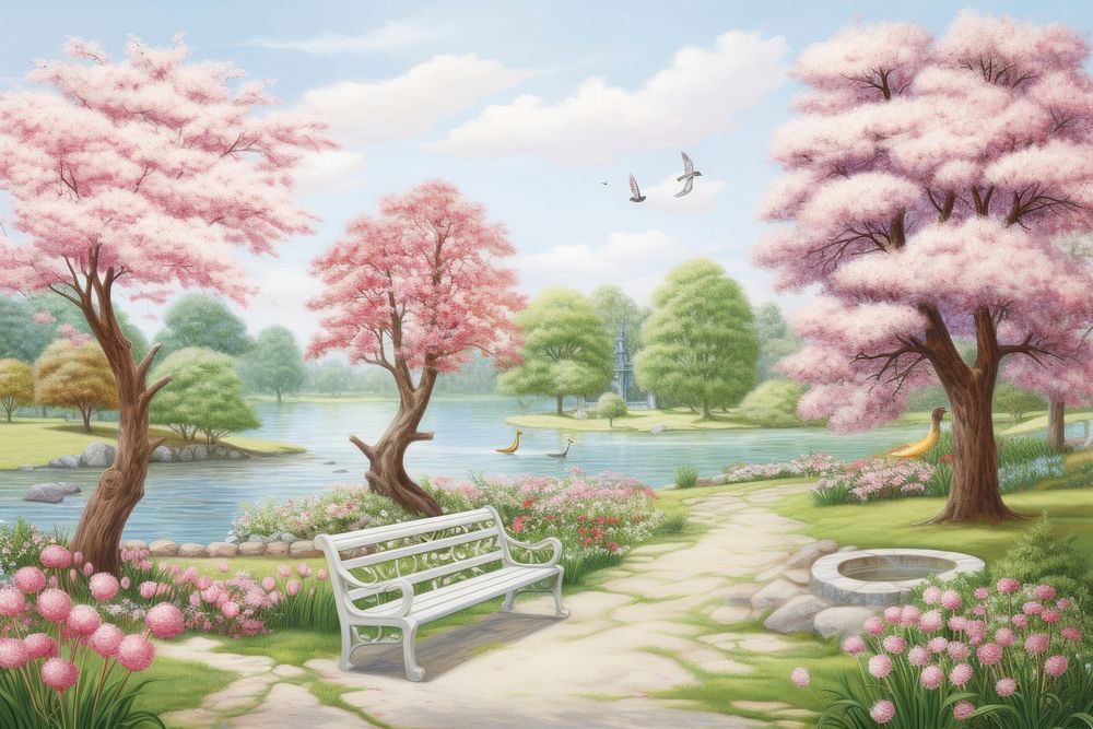 Painting of spring in park landscape outdoors nature.