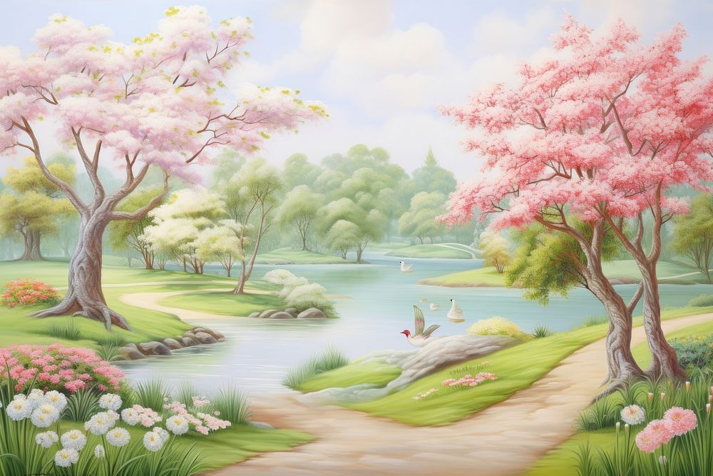 Painting of spring in park outdoors nature flower.