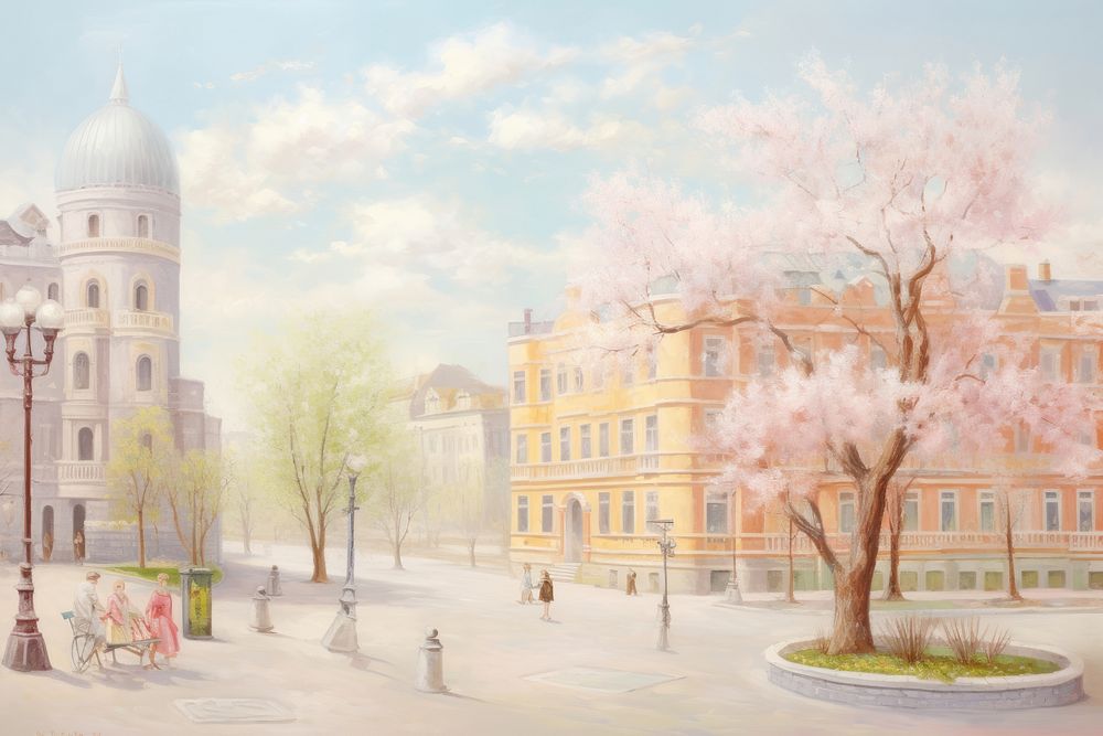 Painting of spring season in city outdoors flower street.
