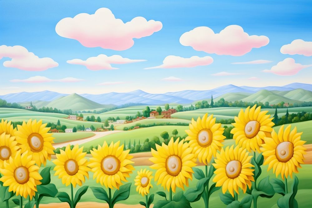 Painting of sunflower field agriculture backgrounds landscape.