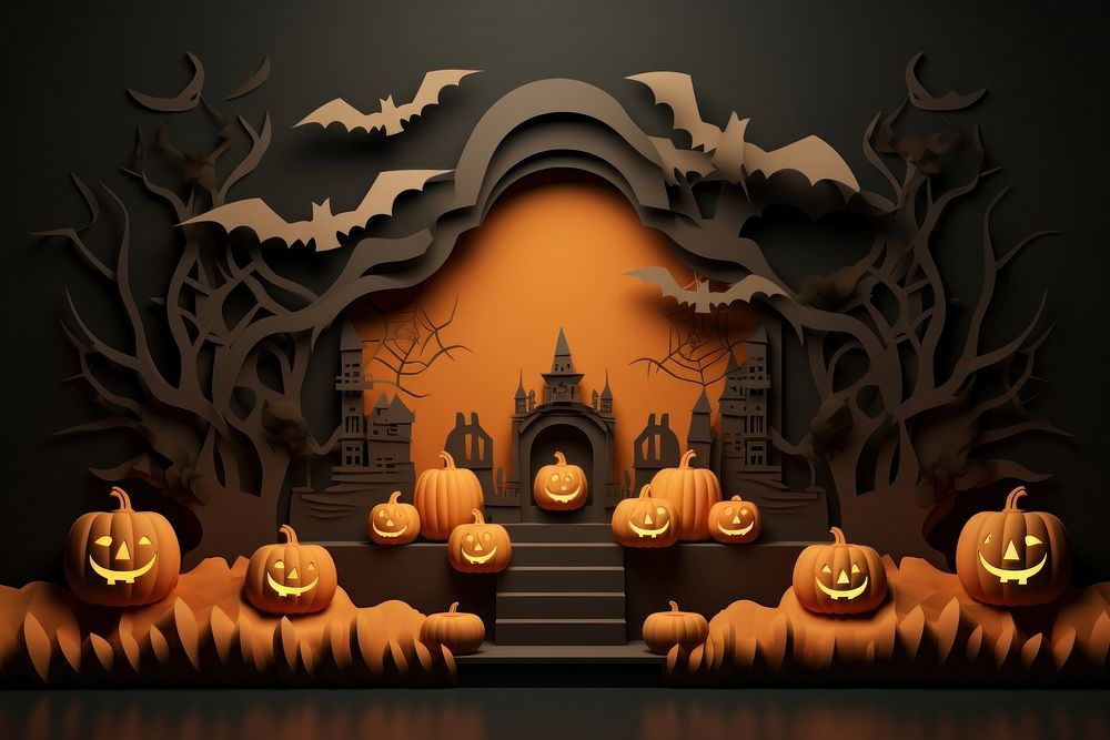 Halloween withpodium backdrops anthropomorphic jack-o'-lantern representation.
