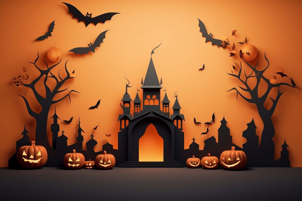Halloween with podium backdrop anthropomorphic jack-o'-lantern representation.