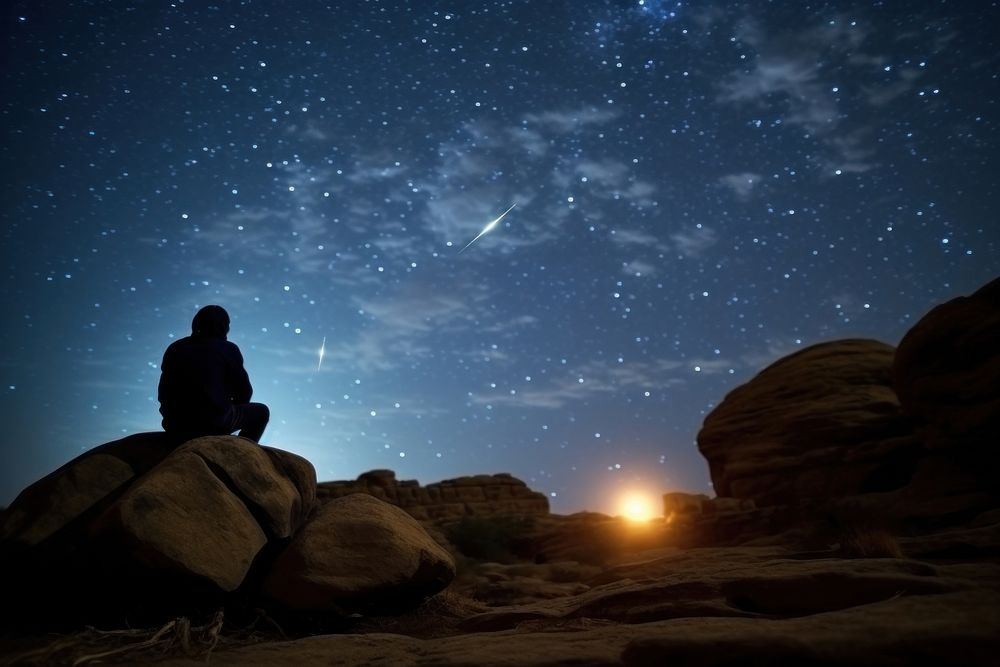 Person on the rock outdoors meditating night landscape astronomy.