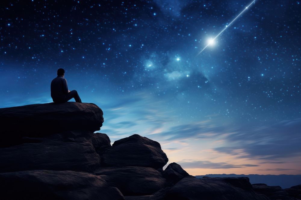 Person on the rock outdoors meditating night astronomy nature.