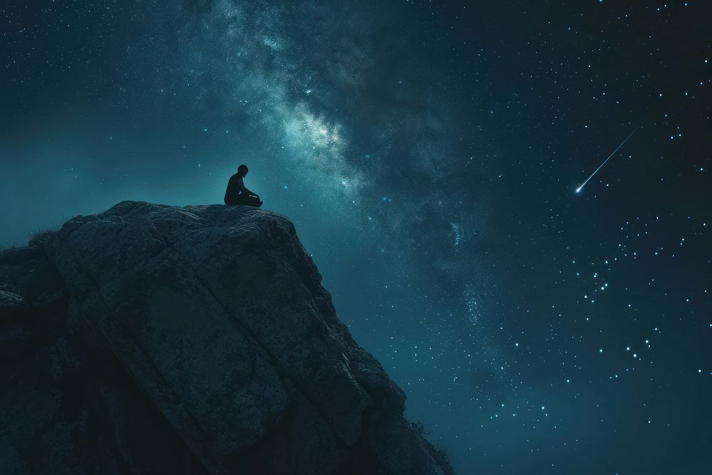 Person on the rock outdoors meditating night astronomy nature.