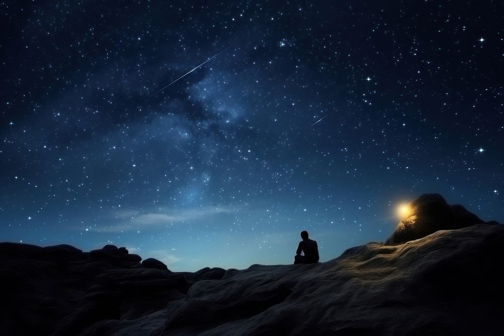 Person on the rock outdoors meditating night landscape astronomy.