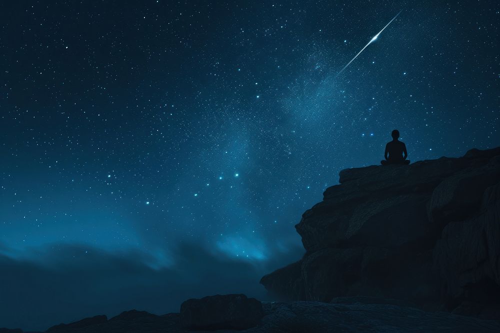Person on the rock outdoors meditating night nature star.