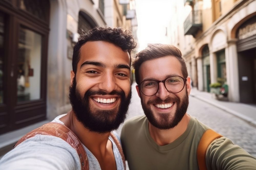 Men friends portrait selfie laughing.
