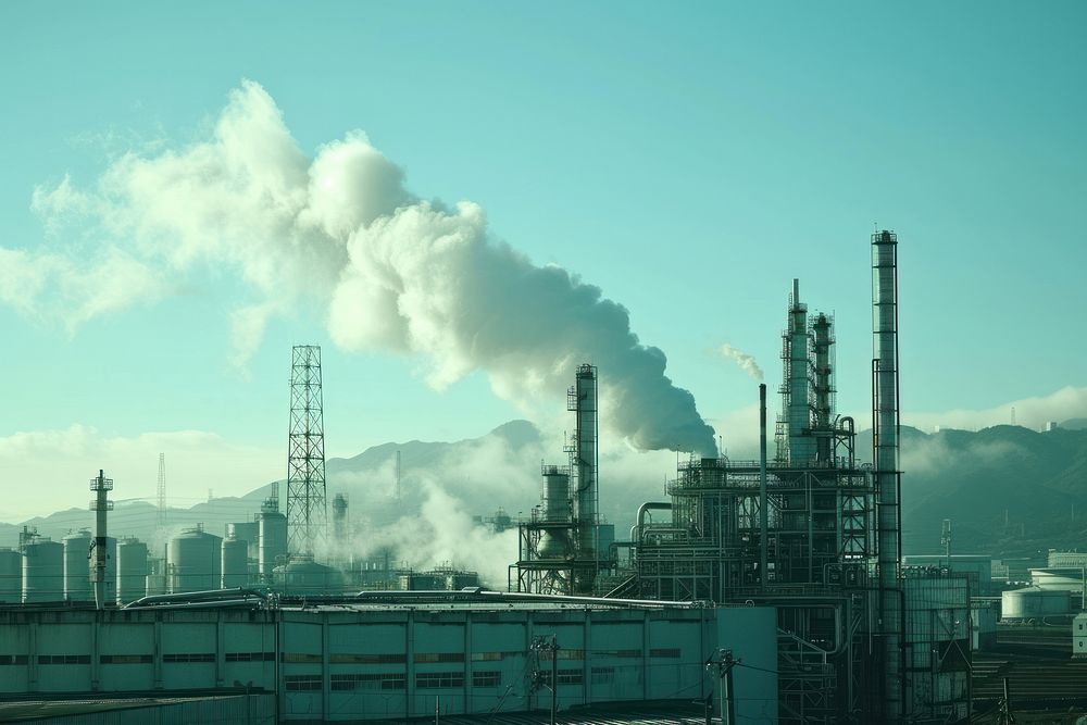 The factory is emitting toxic fumes architecture refinery smoke.