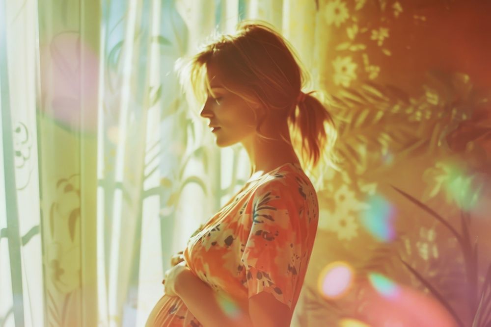 Woman pregnant light leaks adult contemplation anticipation.
