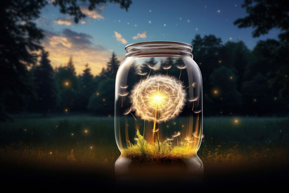 Dandelion in jar plant invertebrate illuminated.