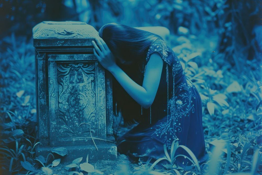 Thai woman crying blue spirituality tranquility.