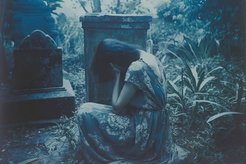 Thai woman crying representation spirituality gravestone.