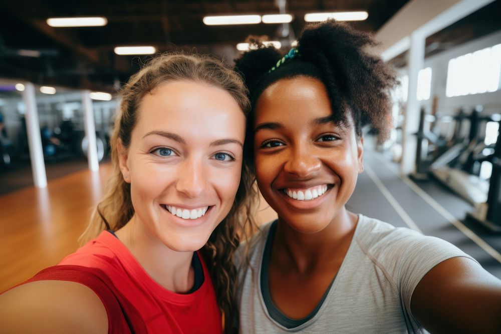 2 women friends selfie portrait headshot.